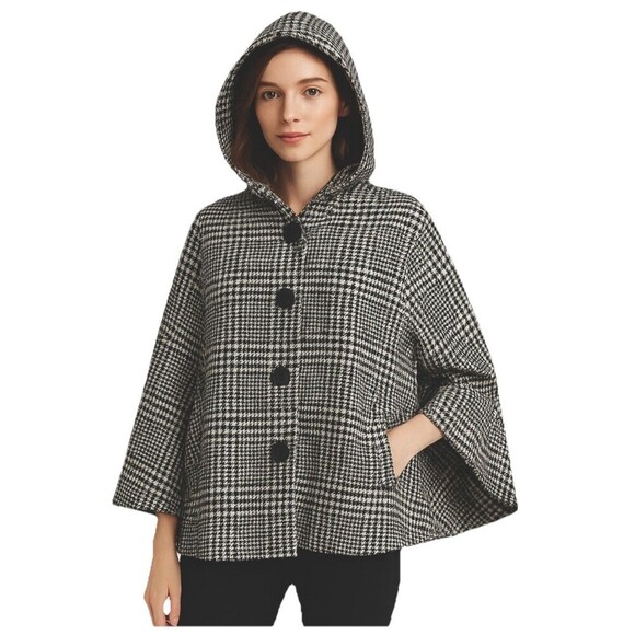 Talbots XS/S Hooded Houndstooth Cape Coat Black White Wool Blend New $199 - Picture 1 of 11